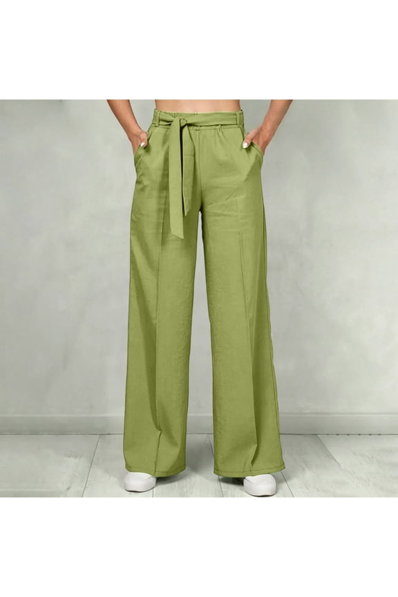 Womens Self Tie Belted Waist Linen Blend Wide Leg Long Pants Dual Side Inset Hand Pockets Lightweight Woven Loose Flow Breathable Vacation Casual Trousers
