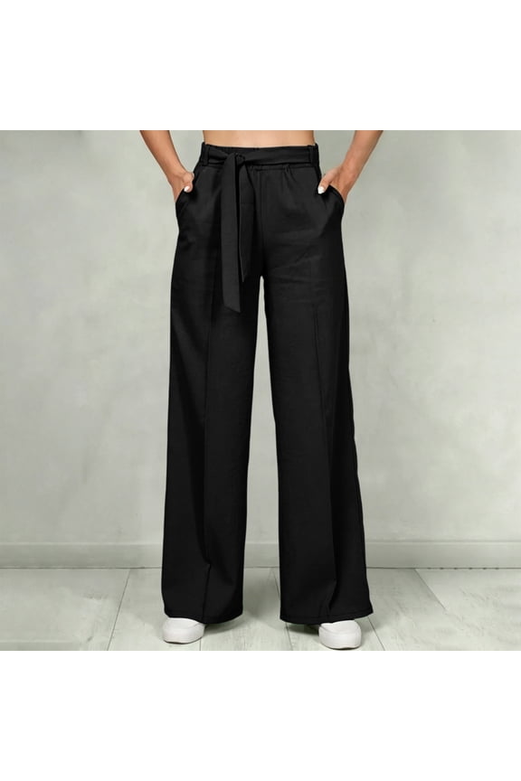 Womens Self Tie Belted Waist Linen Blend Wide Leg Long Pants Dual Side Inset Hand Pockets Lightweight Woven Loose Flow Breathable Vacation Casual Trousers
