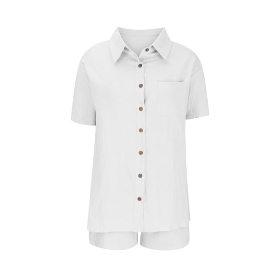 Costeam Womens Short Sleeve Button Shirt and Drawstring Shorts 2 Piece Co Ord Set Dual Side Patch Hand Pockets Collar V Neck Loose Fit Lightweight Casual Matching Outfit