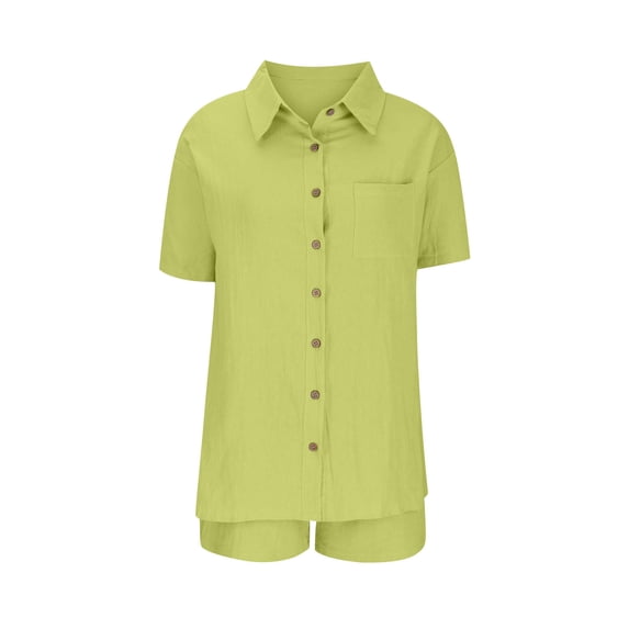 Costeam Womens Short Sleeve Button Shirt and Drawstring Shorts 2 Piece Co Ord Set Dual Side Patch Hand Pockets Collar V Neck Loose Fit Lightweight Casual Matching Outfit