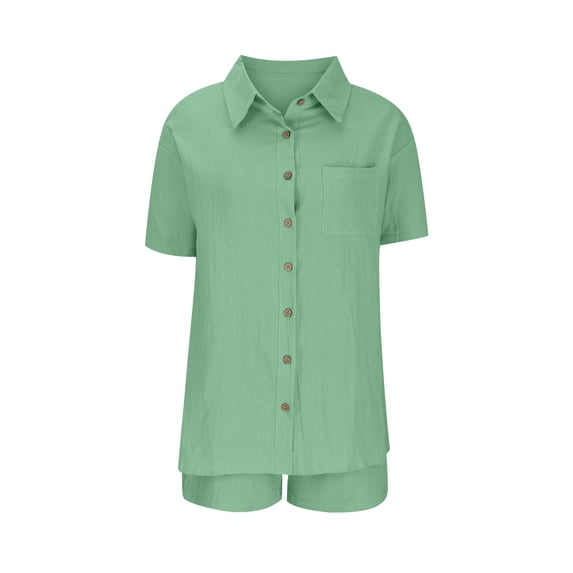 Costeam Womens Short Sleeve Button Shirt and Drawstring Shorts 2 Piece Co Ord Set Dual Side Patch Hand Pockets Collar V Neck Loose Fit Lightweight Casual Matching Outfit
