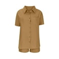 thumbnail image 1 of Costeam Womens Short Sleeve Button Shirt and Drawstring Shorts 2 Piece Co Ord Set Dual Side Patch Hand Pockets Collar V Neck Loose Fit Lightweight Casual Matching Outfit, 1 of 7