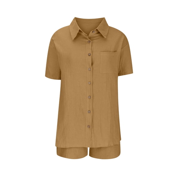 Costeam Womens Short Sleeve Button Shirt and Drawstring Shorts 2 Piece Co Ord Set Dual Side Patch Hand Pockets Collar V Neck Loose Fit Lightweight Casual Matching Outfit