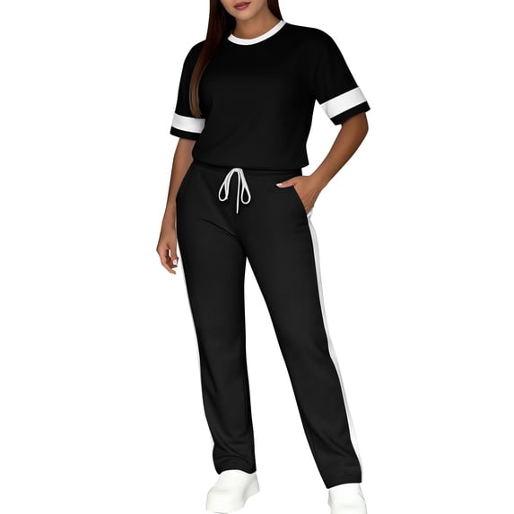 Costeam Womens Short Sleeve Contrast Trim Top and Drawstring Waist Pants Two Piece Set with Side Pockets Casual Tracksuit Loungewear