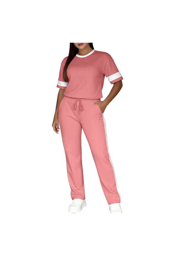 Womens Short Sleeve Contrast Trim Top and Drawstring Waist Pants Two Piece Set with Side Pockets Casual Tracksuit Loungewear