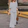 thumbnail image 1 of Costeam Womens Short Sleeve Two Piece Linen Cotton Outfit Solid V Neck Top Drawstring Wide Leg Pants Side Pocket High Waist Loose Casual Matching Set Tracksuit, 1 of 7