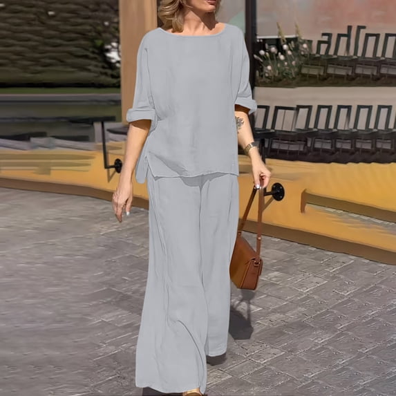 Costeam Womens Short Sleeve Two Piece Linen Cotton Outfit Solid V Neck Top Drawstring Wide Leg Pants Side Pocket High Waist Loose Casual Matching Set Tracksuit