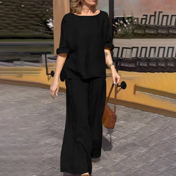 Costeam Womens Short Sleeve Two Piece Linen Cotton Outfit Solid V Neck Top Drawstring Wide Leg Pants Side Pocket High Waist Loose Casual Matching Set Tracksuit