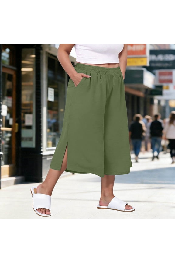 Womens Side Split Wide Leg Capri Culottes Side Slip Pockets Self Fabric Drawstring Full Elastic High Waist Lightweight Wrinkle Resistant Loose Mid Calf Casual Cropped Trousers