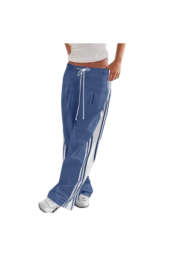 Womens Side Three Stripe Wide Leg Track Pants Dual Front Patch Pockets Drawstring Elastic High Waist Solid Casual Full Length Streetwear Sweat Trousers