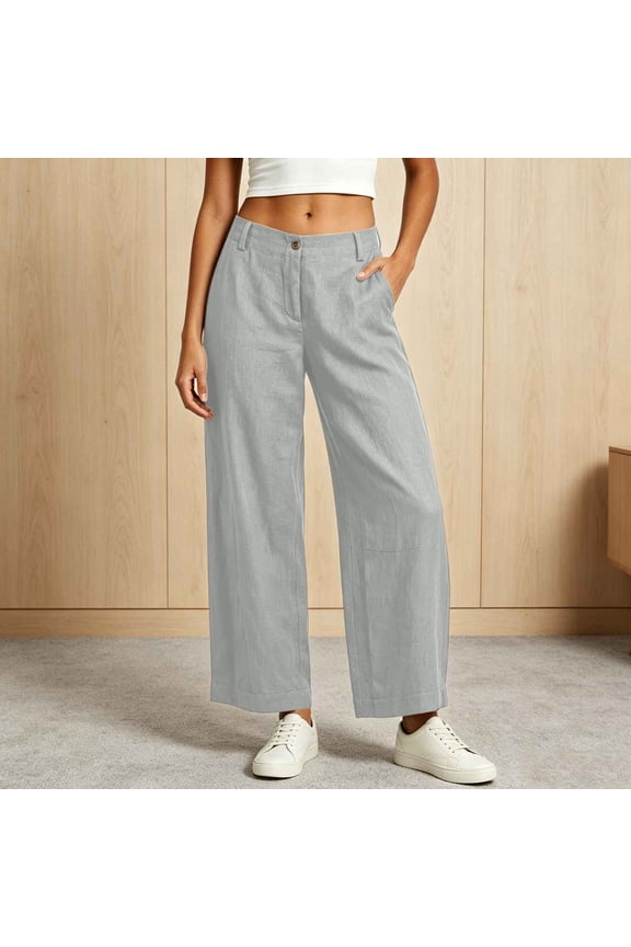 Womens Single Button Fly Linen Blend Wide Leg Long Pants Dual Side Hand Pockets Mid Rise Relaxed Straight Loose Fit Casual Breathable Woven Trousers