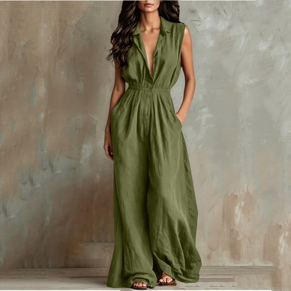 Costeam Womens Sleeveless Collared V Neck Full Length Jumpsuit Dual Side Slip Pockets Drawstring Cinched Elastic High Waist Lightweight Flowey Wide Leg One Piece Casual Outfit