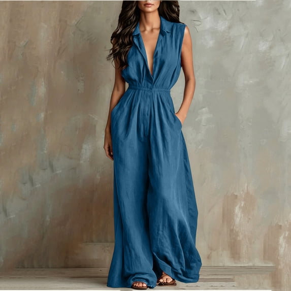 Costeam Womens Sleeveless Collared V Neck Full Length Jumpsuit Dual Side Slip Pockets Drawstring Cinched Elastic High Waist Lightweight Flowey Wide Leg One Piece Casual Outfit