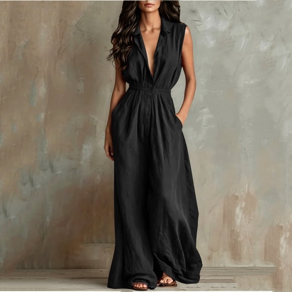 Costeam Womens Sleeveless Collared V Neck Full Length Jumpsuit Dual Side Slip Pockets Drawstring Cinched Elastic High Waist Lightweight Flowey Wide Leg One Piece Casual Outfit