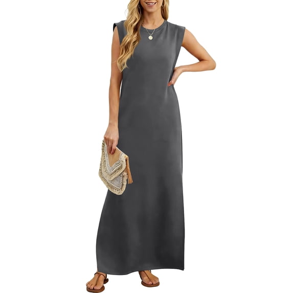 Costeam Womens Sleeveless Crew Neck Ankle Length Maxi Dress Solid Color Loose Flow Side Seam Pockets Soft Stretchy Knit Casual Long Tank Dresses