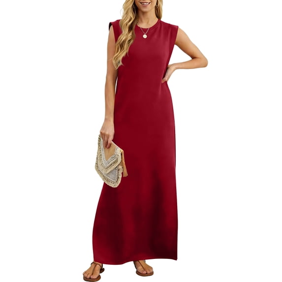 Costeam Womens Sleeveless Crew Neck Ankle Length Maxi Dress Solid Color Loose Flow Side Seam Pockets Soft Stretchy Knit Casual Long Tank Dresses