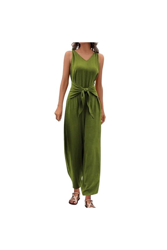 Womens Sleeveless Spaghetti Strap Wide Leg Jumpsuit Dual Side Hidden Hand Pockets V Neck Self Tie Elastic Waist Lightweight Crinkle Loose Fit Casual Beach Vacation One Piece Outfit