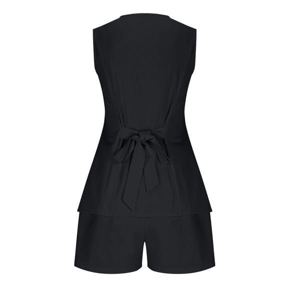 Costeam Womens Sleeveless V Neck Button Vest and Drawstring Shorts 2 Piece Co Ord Set Dual Side Patch Pockets Solid Loose Relaxed Casual Matching Outfit