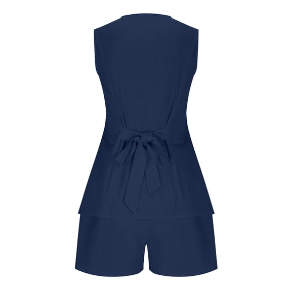 Costeam Womens Sleeveless V Neck Button Vest and Drawstring Shorts 2 Piece Co Ord Set Dual Side Patch Pockets Solid Loose Relaxed Casual Matching Outfit