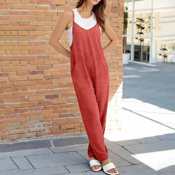 Costeam Womens Sleeveless V Neck Knit Overalls Dual Square Patch Side Pockets Loose Straight Full Length Wide Strap Relaxed Fit Casual Jumpsuit