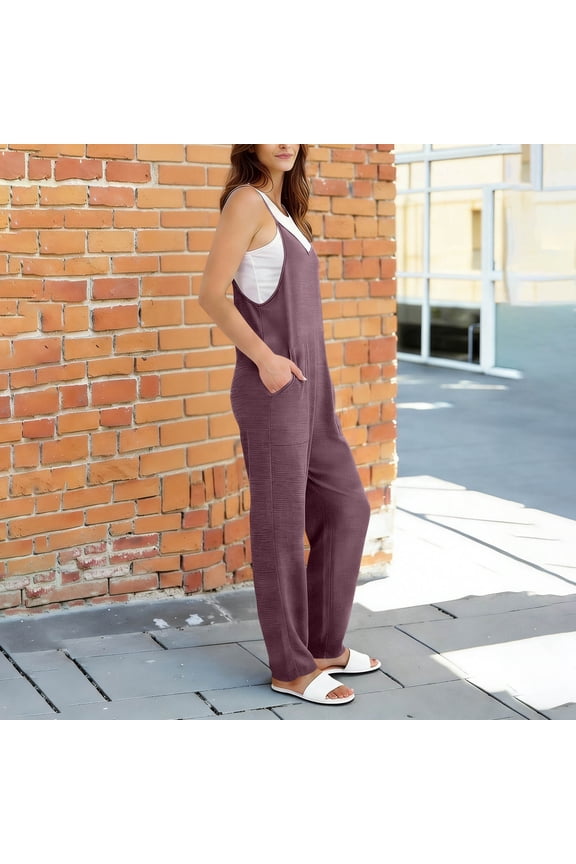 Womens Sleeveless V Neck Knit Overalls Dual Square Patch Side Pockets Loose Straight Full Length Wide Strap Relaxed Fit Casual Jumpsuit