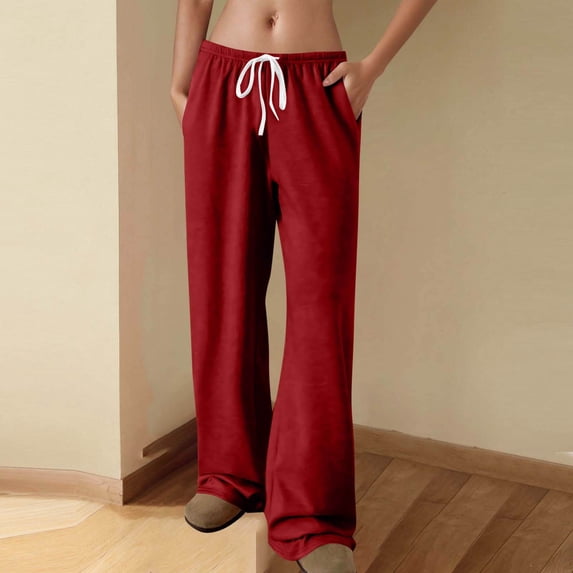 Costeam Womens Soft Knit Full Length Flare Sweatpants Hidden Side Inset Pockets Adjustable Drawstring Elastic High Waist Solid Color Casual Loungewear Bell Bottom Trousers
