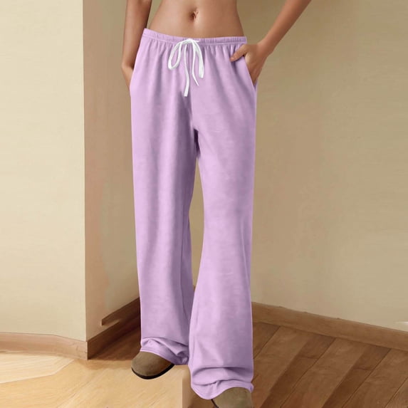 Costeam Womens Soft Knit Full Length Flare Sweatpants Hidden Side Inset Pockets Adjustable Drawstring Elastic High Waist Solid Color Casual Loungewear Bell Bottom Trousers