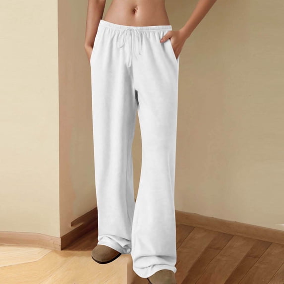 Costeam Womens Soft Knit Full Length Flare Sweatpants Hidden Side Inset Pockets Adjustable Drawstring Elastic High Waist Solid Color Casual Loungewear Bell Bottom Trousers