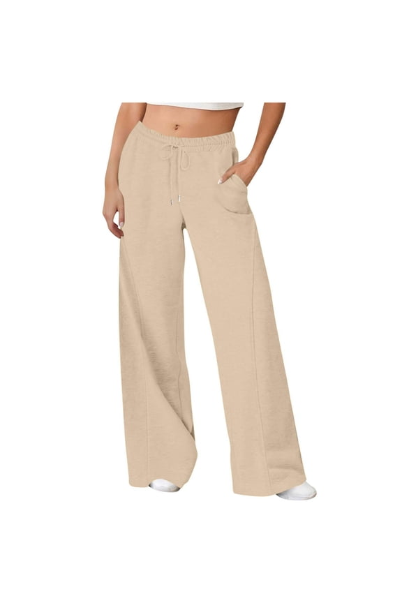 Womens Soft Knit Wide Leg Sweatpants Deep Side Patch Pockets Adjustable Drawstring Elastic High Waist Pull On Solid Color Full Length Casual Loungewear Trousers
