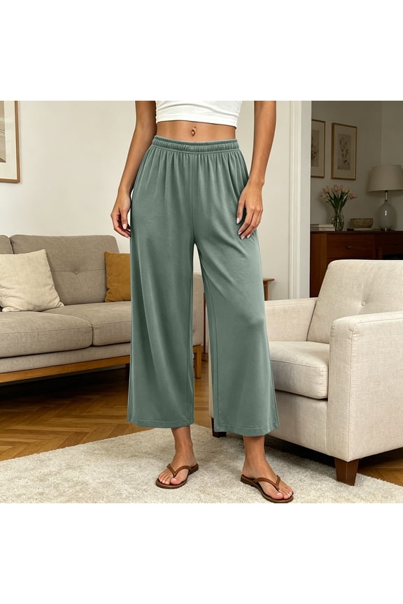 Womens Soft Stretchy Knit Wide Leg Palazzo Pants No Pockets Drawstring Full Elastic High Waist Lightweight Wrinkle Resistant Drapey Loose Full Length Casual Trousers