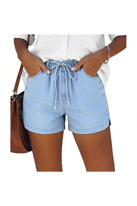 Womens Soft Tencel Denim Drawstring Casual Shorts Dual Side Slant Hand Pockets Elastic High Waist Split Side Hem Loose Relaxed Mid Thigh Lightweight Summer Short Pants