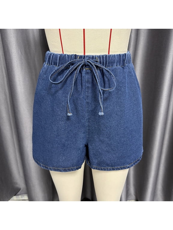 Womens Soft Washed Tencel Denim Casual Shorts No Pockets Self Fabric Drawstring Full Elastic High Waist Wrinkle Resistant Loose Mid Thigh Daily Short Bottoms