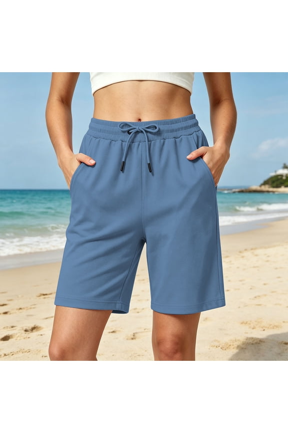Womens Solid Bermuda Athletic Shorts Dual Side Deep Hand Pockets Adjustable Drawstring Elastic High Waist Loose Straight Fit Soft Knit Casual Lounge Short Bottoms