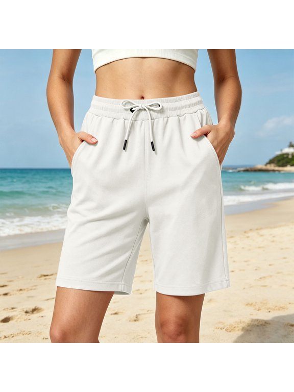 Womens Solid Bermuda Athletic Shorts Dual Side Deep Hand Pockets Adjustable Drawstring Elastic High Waist Loose Straight Fit Soft Knit Casual Lounge Short Bottoms