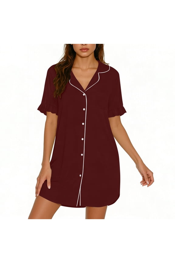 Womens Solid Collared Short Sleeve Midi Sleep Dress Front Button Loose Relaxed Fit Linen Blend Nightgown Casual Soft Breathable Home Tunic Slip Dress