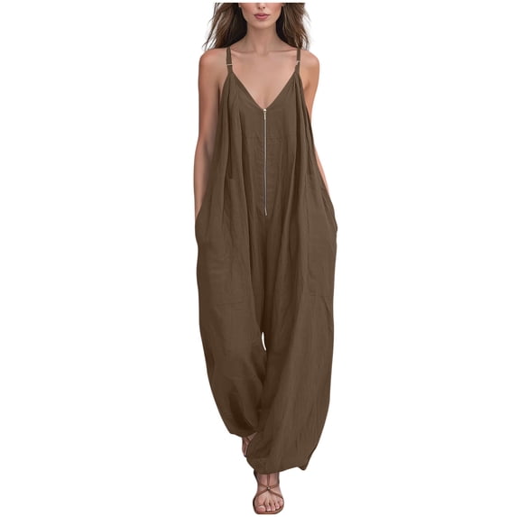 Costeam Womens Solid Color Adjustable Buckle Spaghetti Strap V Neck Zipper Jumpsuit with Side Pockets Slim Fit Full Length One Piece Pants