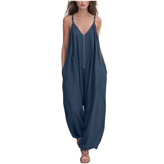 Costeam Womens Solid Color Adjustable Buckle Spaghetti Strap V Neck Zipper Jumpsuit with Side Pockets Slim Fit Full Length One Piece Pants