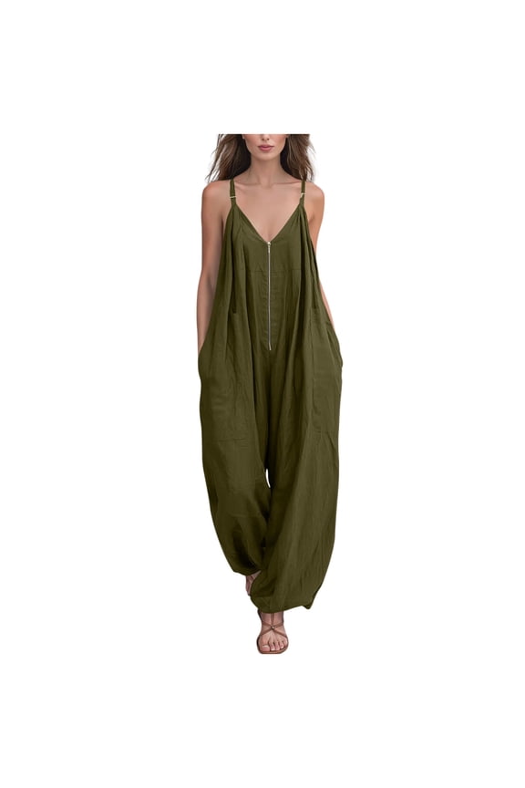 Womens Solid Color Adjustable Buckle Spaghetti Strap V Neck Zipper Jumpsuit with Side Pockets Slim Fit Full Length One Piece Pants