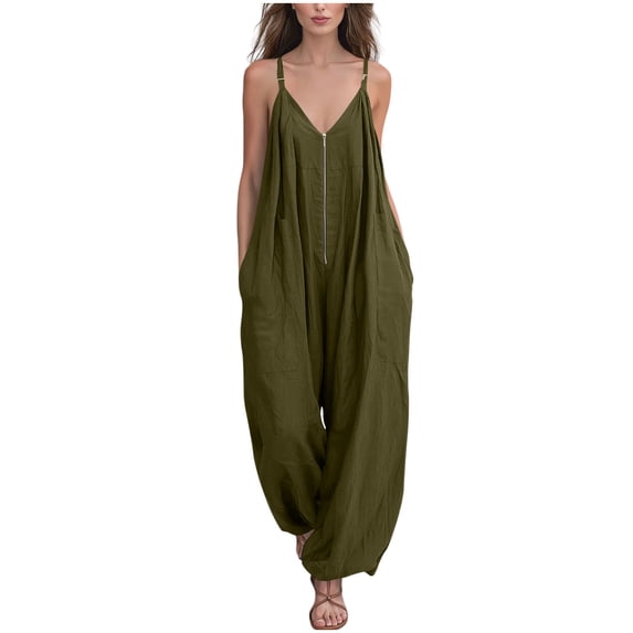 Costeam Womens Solid Color Adjustable Buckle Spaghetti Strap V Neck Zipper Jumpsuit with Side Pockets Slim Fit Full Length One Piece Pants