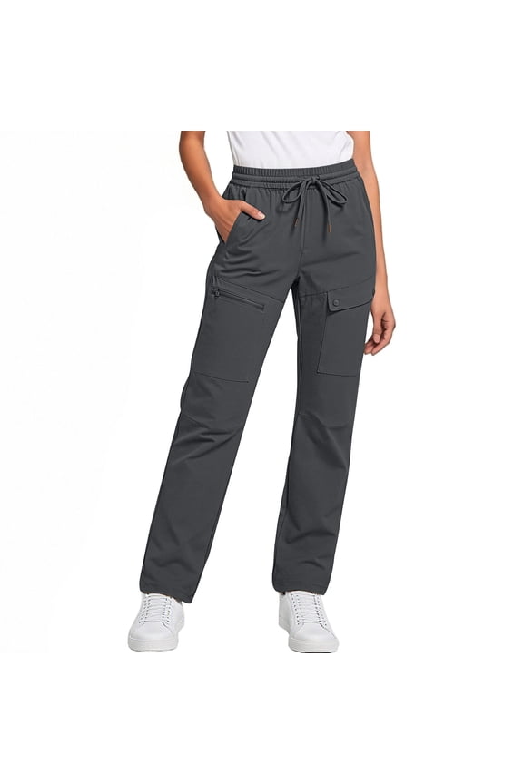 Womens Solid Color Cargo Long Pants Classic Workwear Style Multi Side Pockets Elastic Waist Relaxed Straight Wide Leg Fit Lightweight Durable Fabric Casual Full Length Trousers