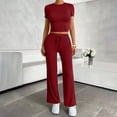 thumbnail image 1 of Costeam Womens Solid Color Crew Neck Short Sleeve Top and Long Pants Two Piece Matching Set with Side Pockets Elastic Waist Loose Fit Daily Casual Sport Loungewear Outfit, 1 of 6