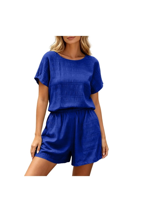 Womens Solid Color Crew Neck Two Piece Outfit Short Sleeve Top And Elastic Waist Shorts With Side Seam Pockets Lightweight Cooling Breathable Fabric Loose Fit Casual Set