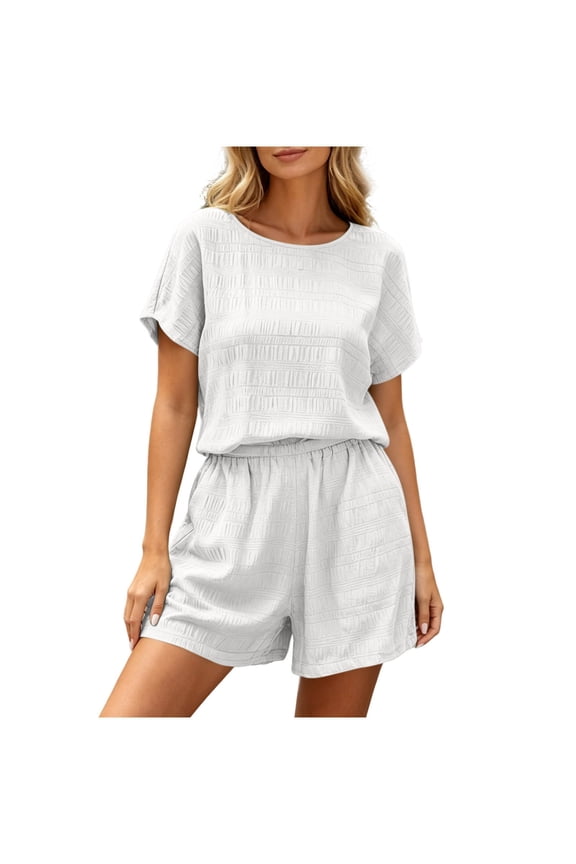 Womens Solid Color Crew Neck Two Piece Outfit Short Sleeve Top And Elastic Waist Shorts With Side Seam Pockets Lightweight Cooling Breathable Fabric Loose Fit Casual Set