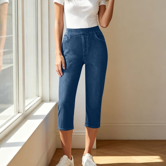 Costeam Womens Solid Color Denim Look Capri Pants Classic Five Pocket Layout Side Slip Pockets Drawstring Full Elastic High Waist Lightweight Loose Calf Length Casual Trousers
