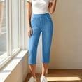 thumbnail image 1 of Costeam Womens Solid Color Denim Look Capri Pants Classic Five Pocket Layout Side Slip Pockets Drawstring Full Elastic High Waist Lightweight Loose Calf Length Casual Trousers, 1 of 9