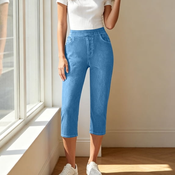 Costeam Womens Solid Color Denim Look Capri Pants Classic Five Pocket Layout Side Slip Pockets Drawstring Full Elastic High Waist Lightweight Loose Calf Length Casual Trousers
