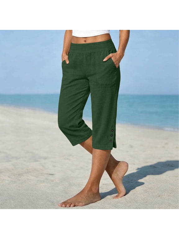 Womens Solid Color Faux Linen Straight Leg Capri Pants Split Side Seam Decorative Button Detail With Side Pockets Elastic Waist Loose Fit Summer Cropped Trousers