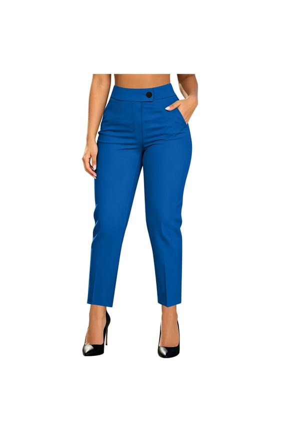 Womens Solid Color High Waist Button Zip Fly Cropped Ankle Dress Pants Front Split Hem Inset Side Pockets Slim Fit Wrinkle Resistant Formal Casual Office Trousers