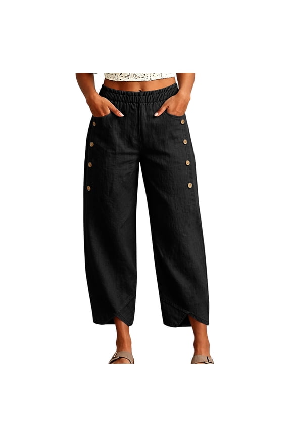 Womens Solid Color Linen Blend Cropped Capri Pants Elastic Drawstring High Waist Side Decorative Buttons Irregular Split Hem Loose Wide Leg Casual Everyday Trousers