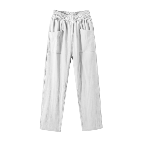 Costeam Womens Solid Color Linen Blend Elastic Waist Long Pants with Side Pockets Relaxed Fit Casual Everyday Full Length Trousers